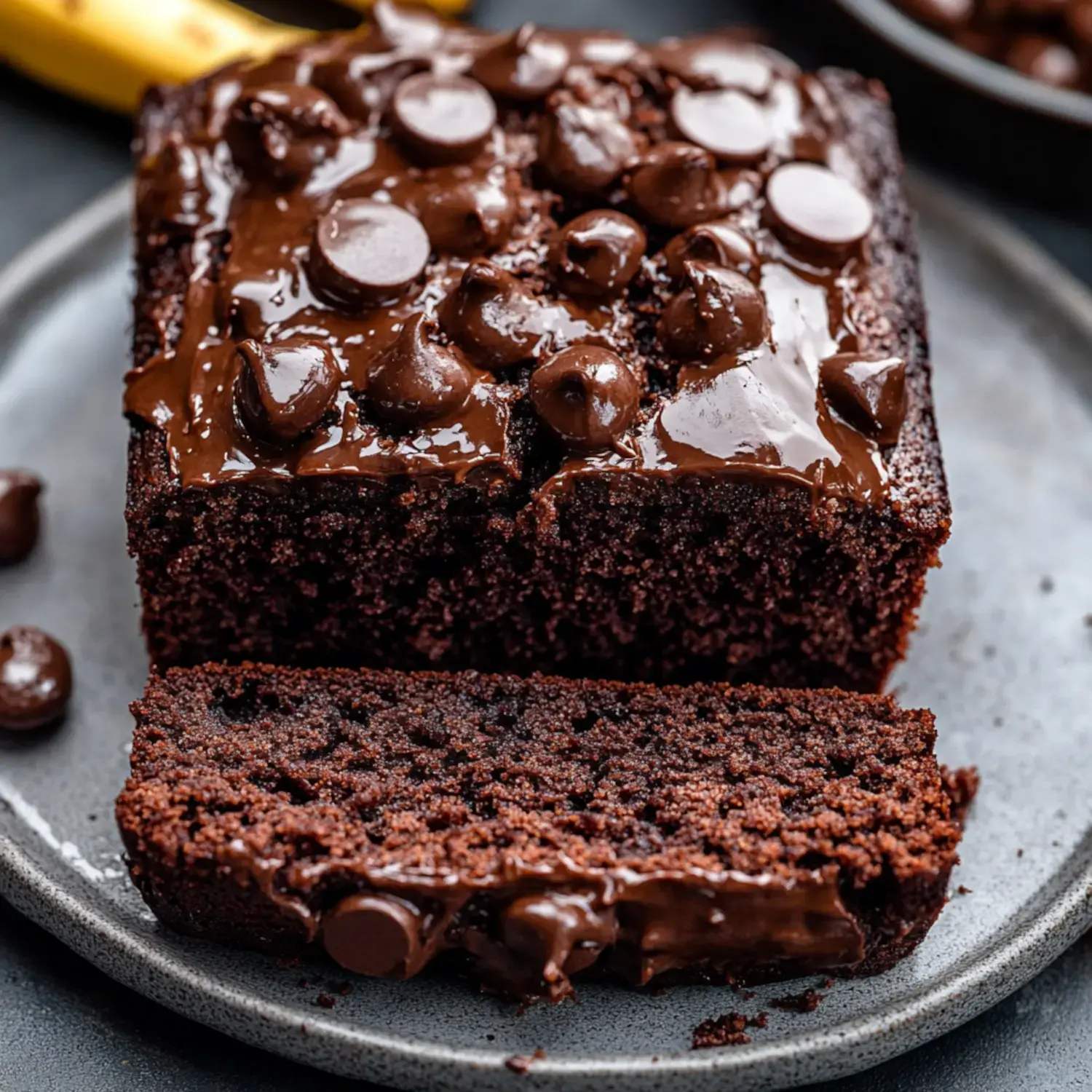 A dark chocolate bread sits on display with one slice cut away and topped with melted chocolate and chocolate chunks.