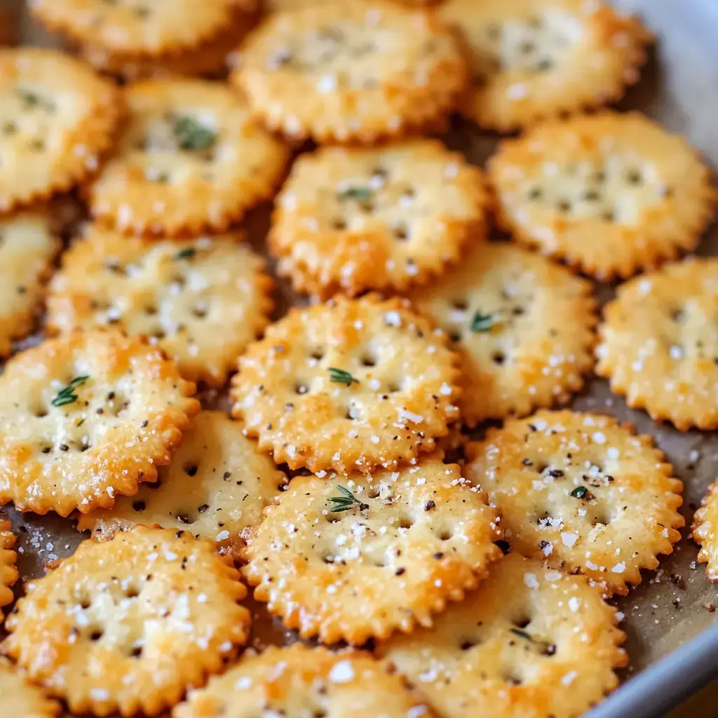 Golden-brown seasoned crackers spread out on a baking sheet, looking crispy and delicious.
