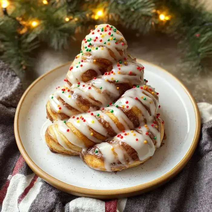 A festive pile of cinnamon rolls shaped like a tree, covered with white icing and dotted with red and green sprinkles, presented on a white dish with holiday decorations nearby.