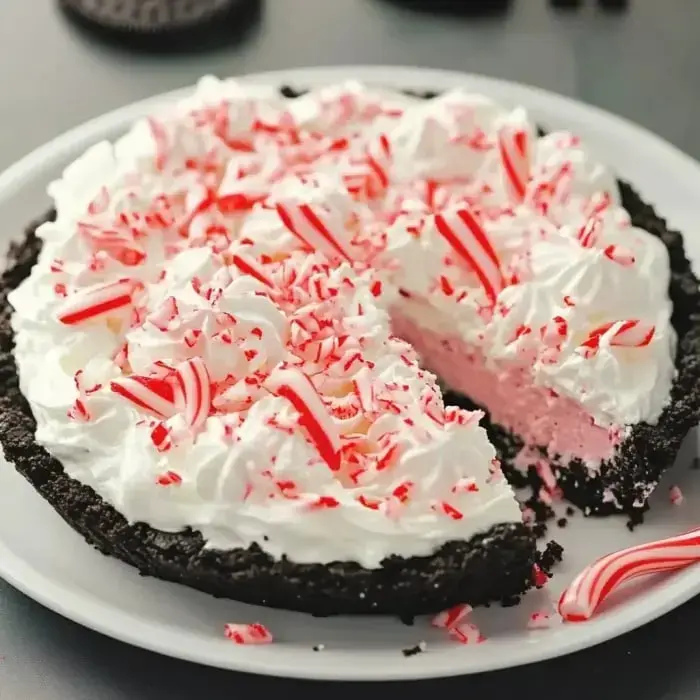 A holiday mint pie with chocolate bottom, topped with creamy white layer and red candy bits, showing one piece removed.