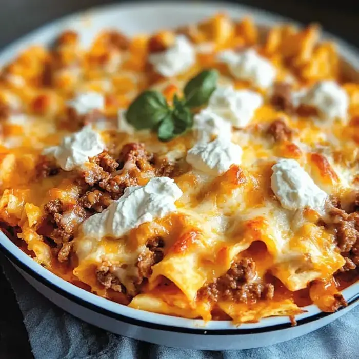 A close-up shot of a pasta bake with meat and cheese, topped with dollops of sour cream and a small green herb sprig for color.