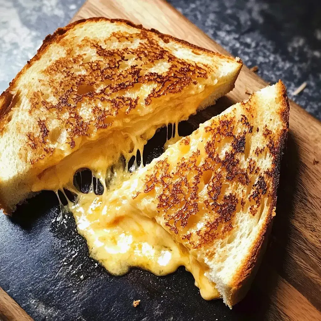 A golden toasted cheese sandwich with cheese dripping out the sides, resting on a wooden board.