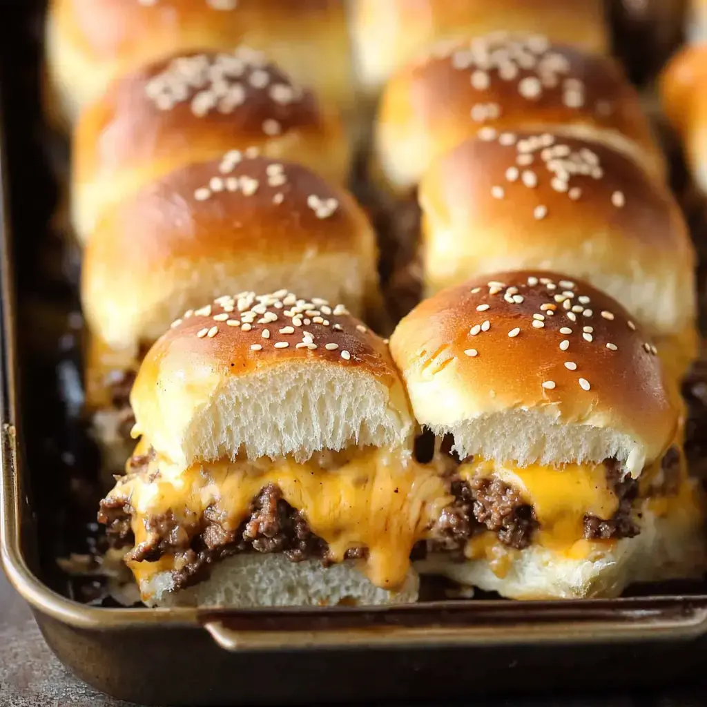 A platter of golden-topped mini burgers filled with beef and cheese, sprinkled with sesame seeds.
