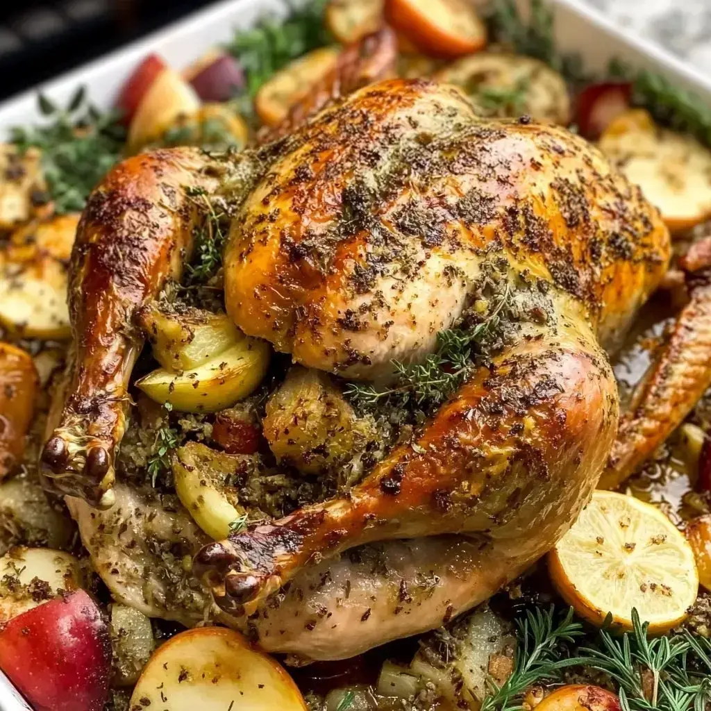 A golden-brown roasted turkey with veggies, herbs, and lemon slices as garnish.