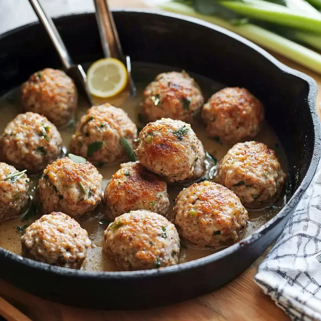 Golden-brown meatballs sitting in a cast-iron skillet with savory sauce, fresh herbs, and lemon on the side.