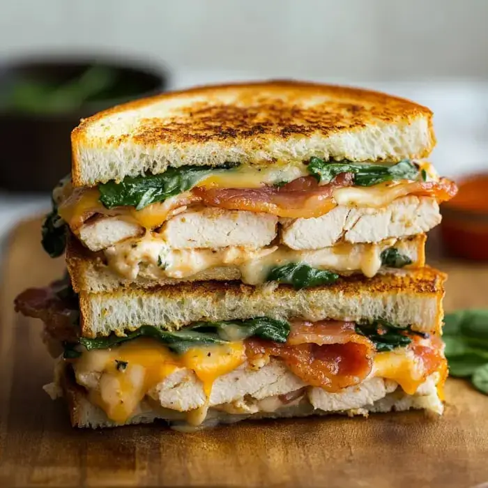 A toasted sandwich stacked with turkey, spinach, bacon, and gooey cheddar cheese.