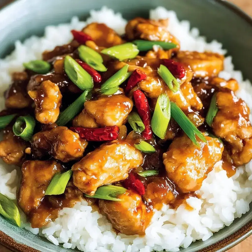 Tasty chicken in a flavorful sauce over rice, topped with green onions and dried chilies.