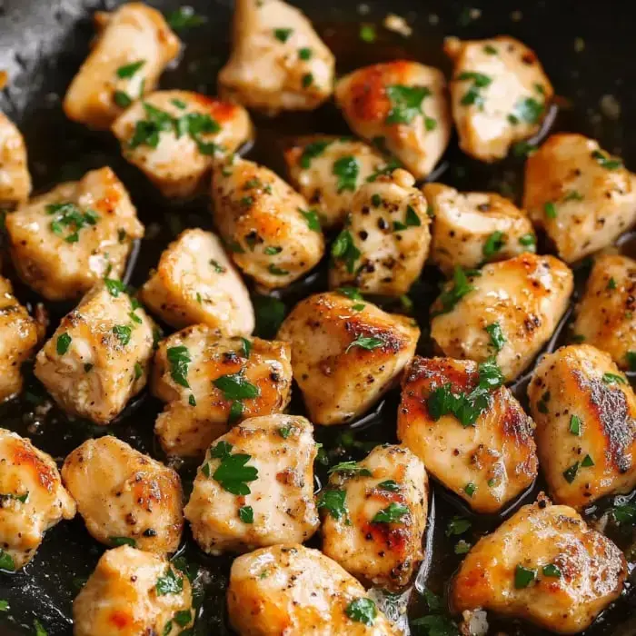 Golden chicken chunks cooked in a pan with fresh parsley on top.