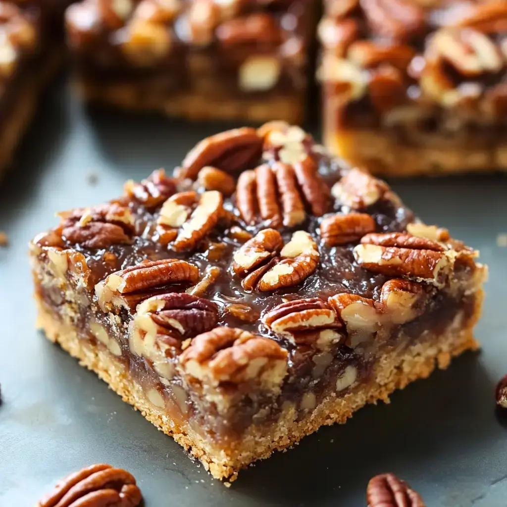 A close-up of a caramel pecan square with whole pecans on top sitting on a dark plate.