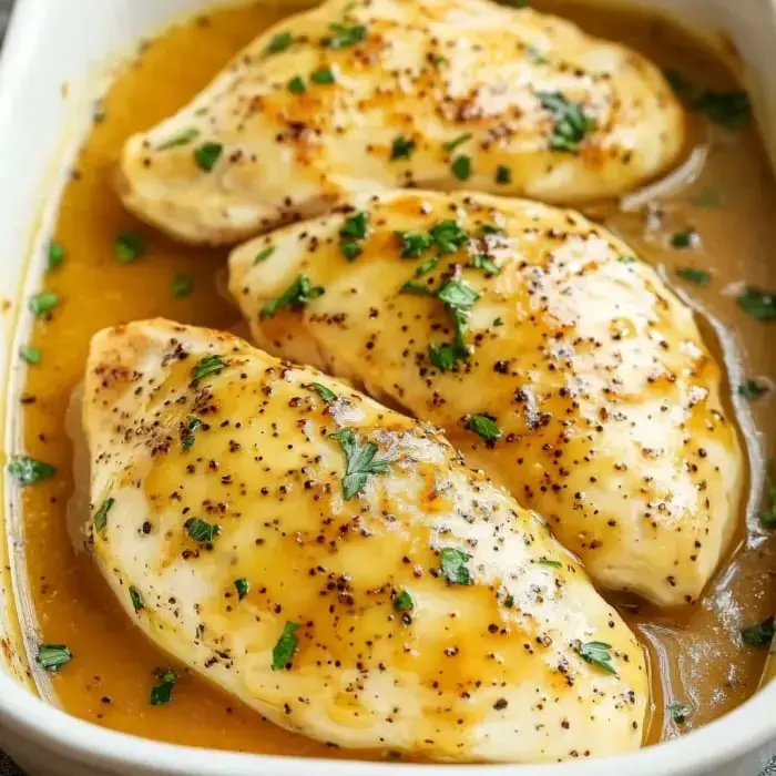 Three chicken breasts baked with a shiny glaze, topped with parsley, sitting in a dish.