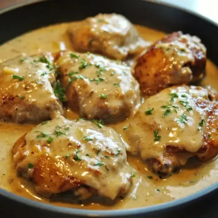 Chicken pieces in a skillet covered with creamy gravy and sprinkled with parsley.