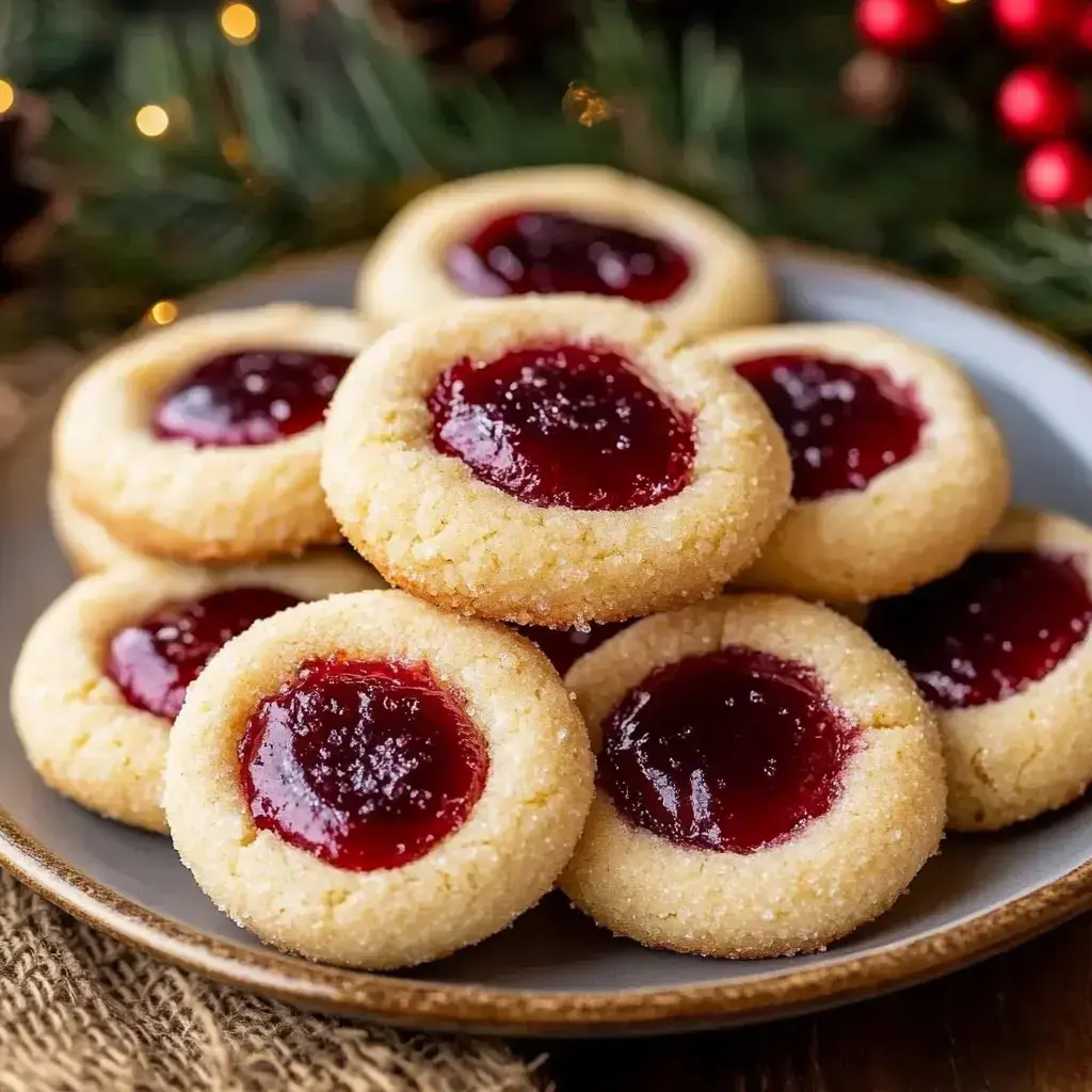 Golden cookies with a rich red-jam center on a festive plate, surrounded by holiday trim.