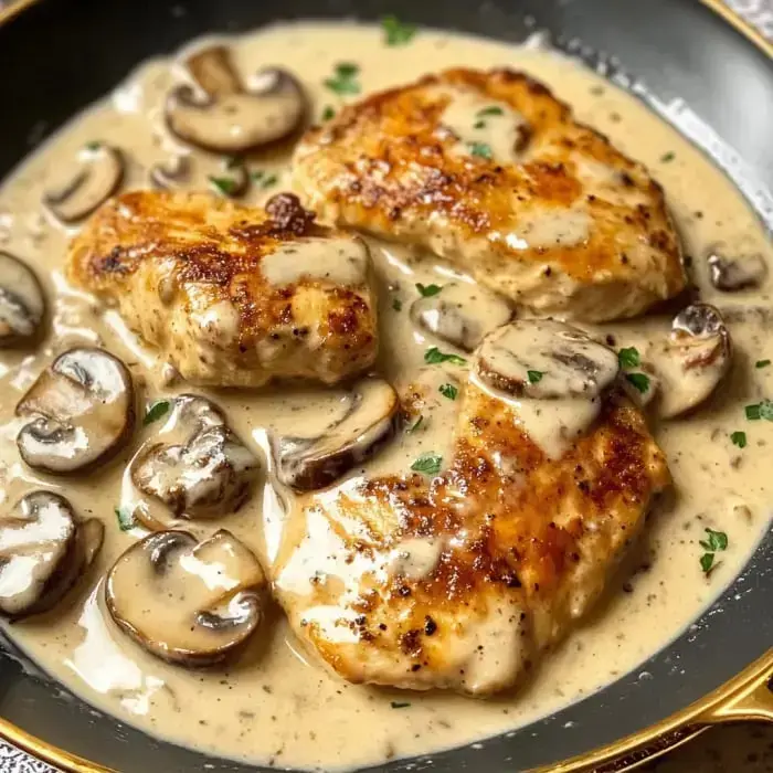 Three chicken breasts in a creamy mushroom sauce with parsley, served in a black skillet.