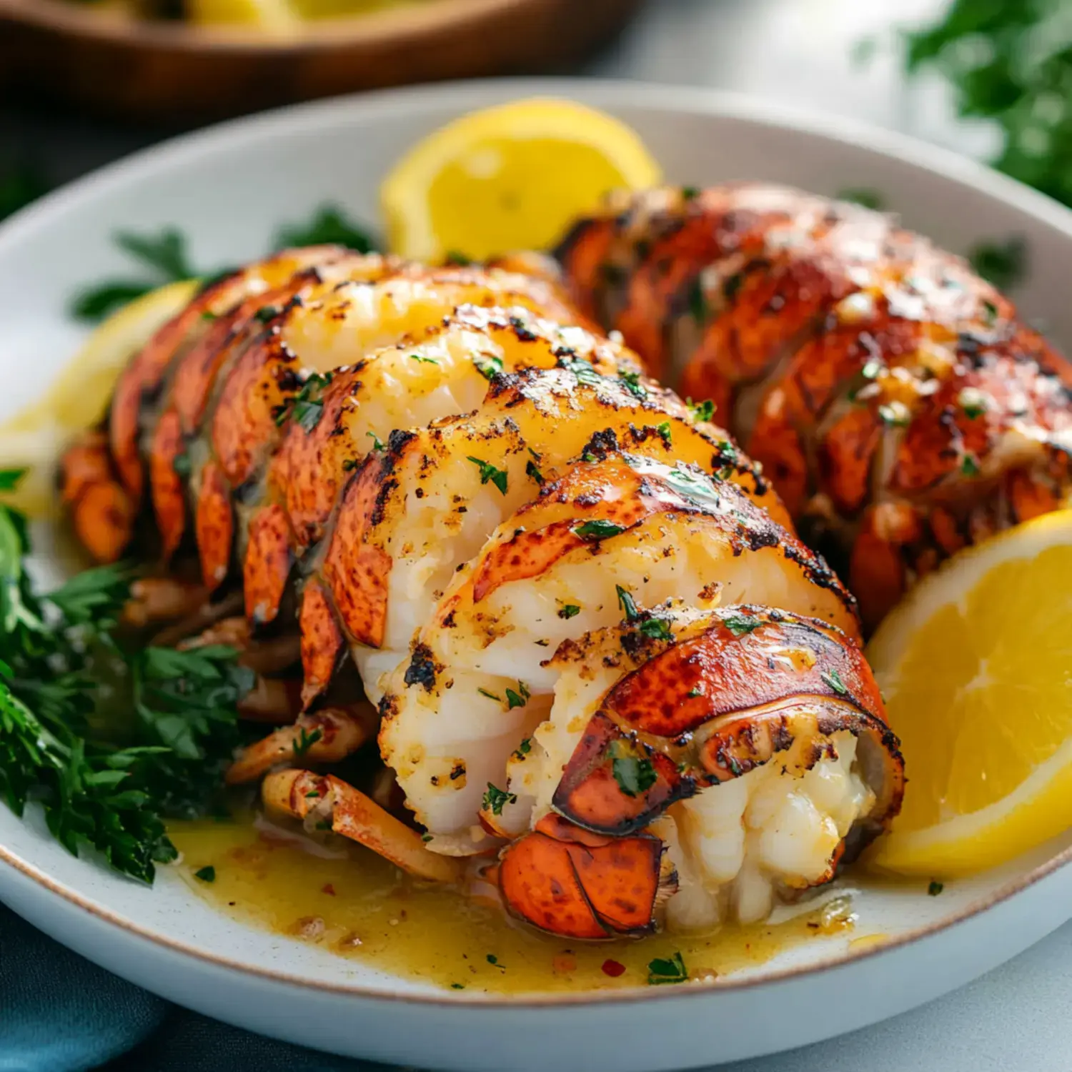 Delicious grilled lobster tails on a plate with fresh parsley and lemon wedges for garnish.