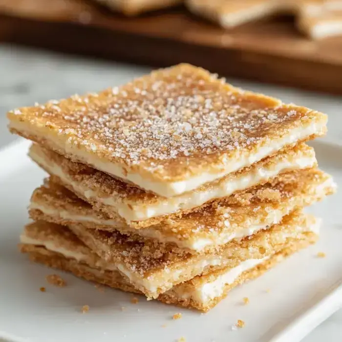 Four crisp dessert stacks topped with cinnamon sugar on a white plate, their golden layers shining.