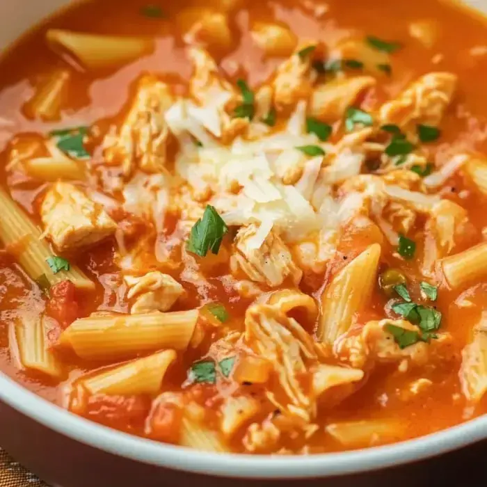 A creamy bowl of pasta soup loaded with rotisserie chicken and topped with herbs in a tomato base.