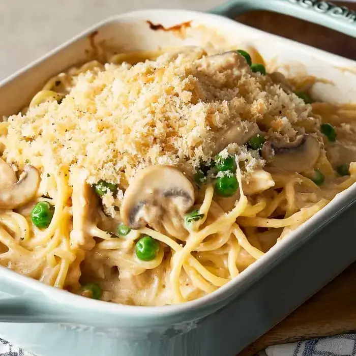 Cheesy baked pasta with mushrooms, turkey, and breadcrumbs.