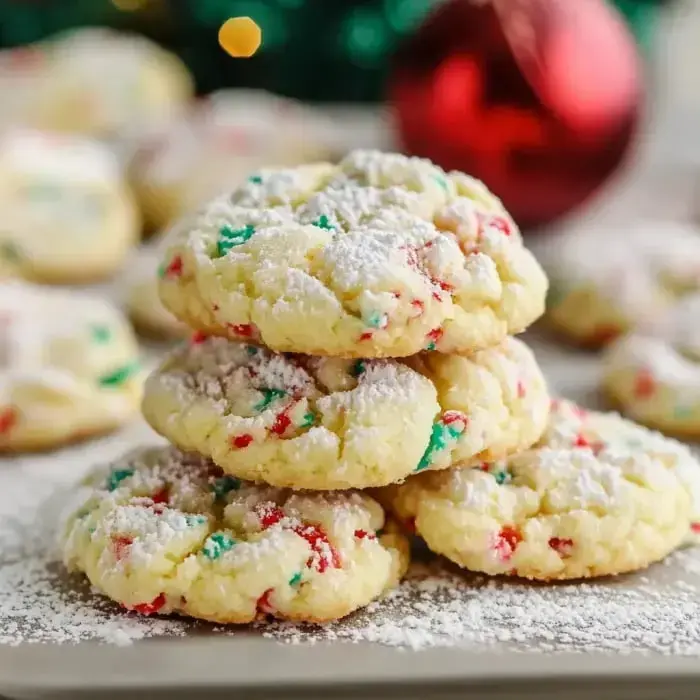 A plate with stacked powdered cookies, sprinkles, and holiday decor in the background.