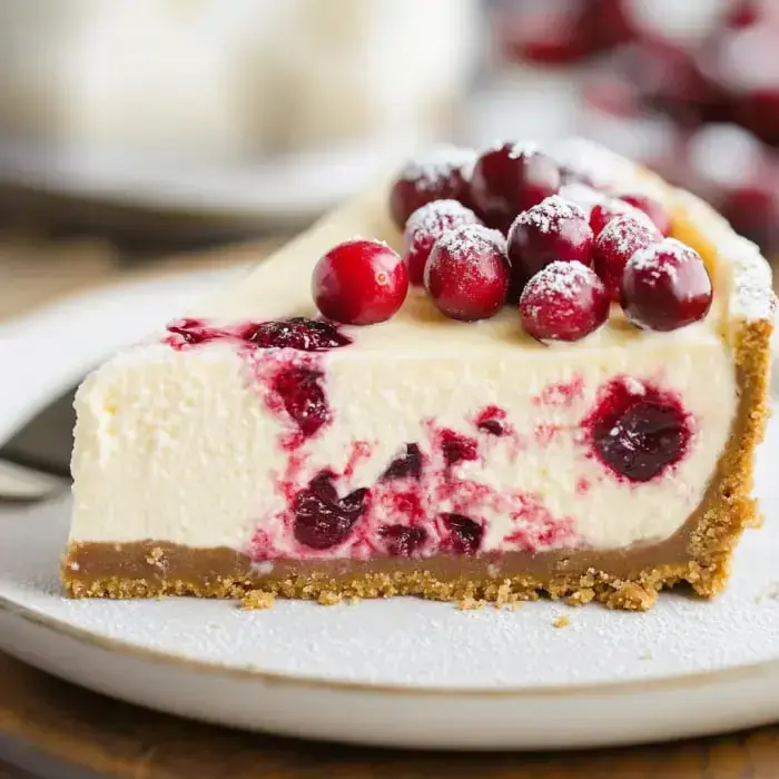Creamy cheesecake slice with sugared cranberries and powdered sugar.