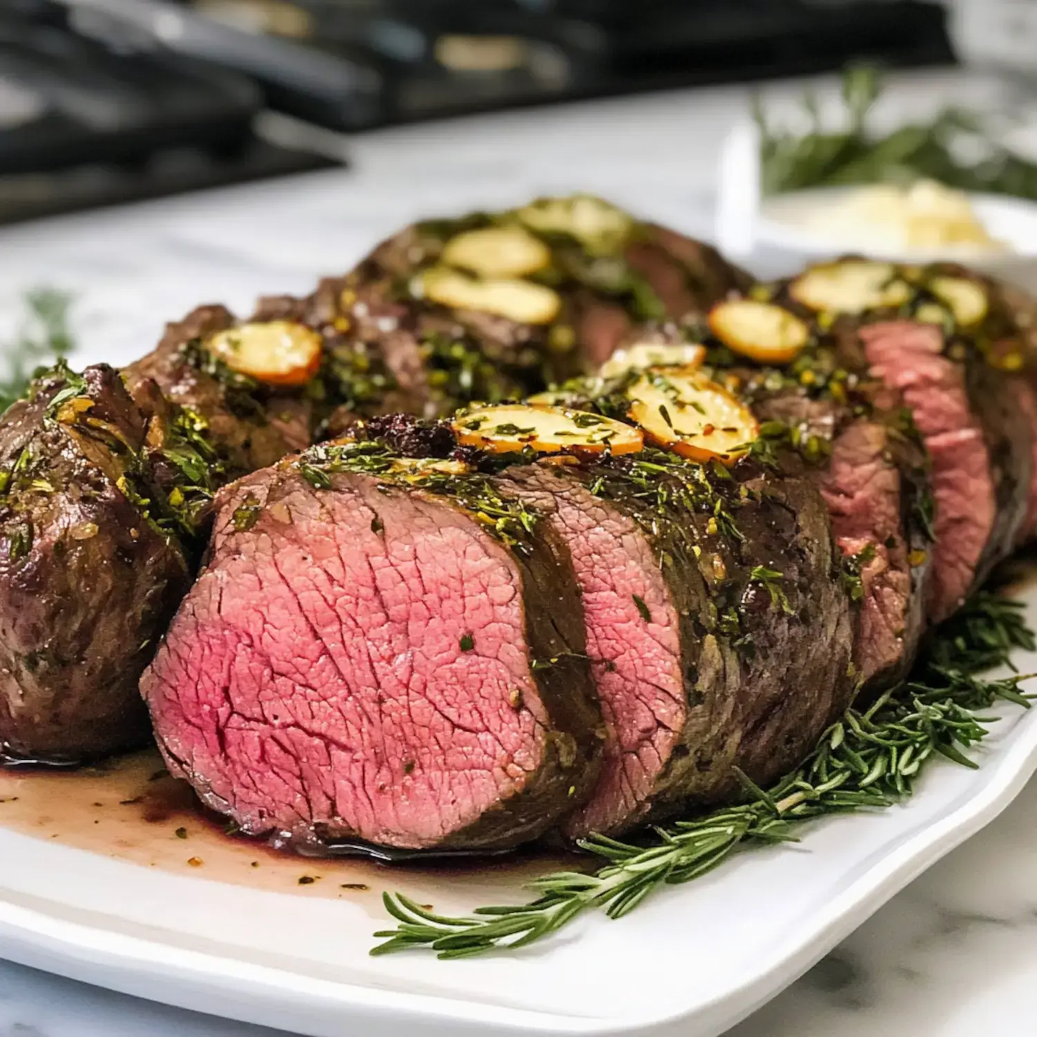 A juicy beef roast topped with herbs and garlic sits ready to serve on a white plate.