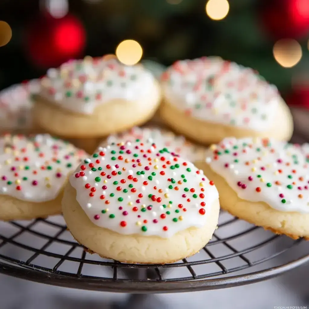 Close shot of sugar cookies with white glaze and colorful sprinkles, sitting on a rack with a festive blurry background.