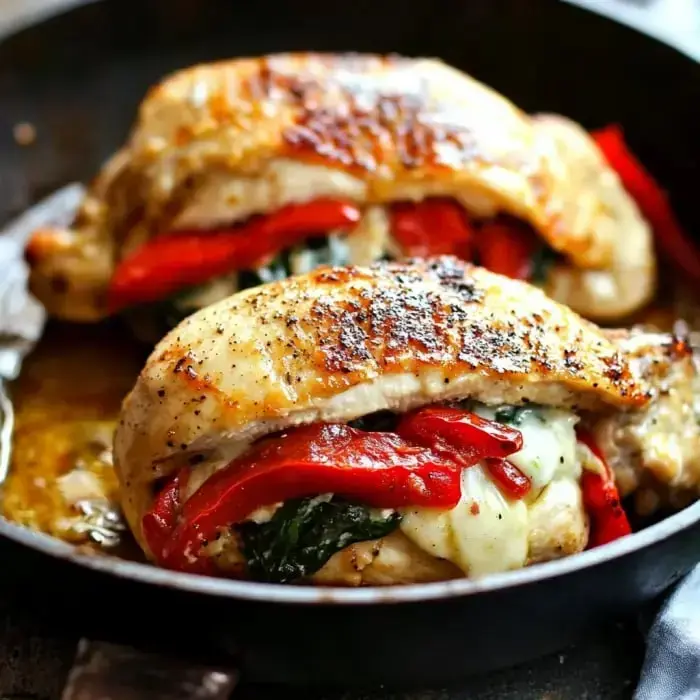 Juicy chicken breasts stuffed with roasted red peppers and spinach, resting in a skillet.