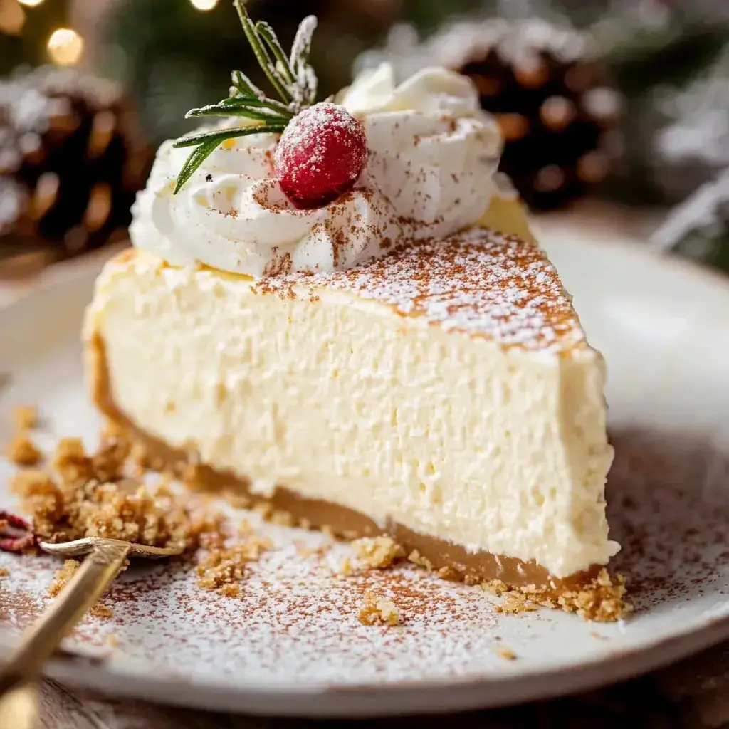 A luscious slice of cheesecake on a fancy plate, garnished with a rosemary sprig, a cranberry, and powdered sugar dusting.