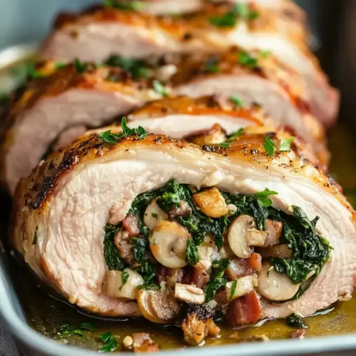 Rolled pork slices filled with spinach, mushrooms, and bacon, topped with fresh parsley.
