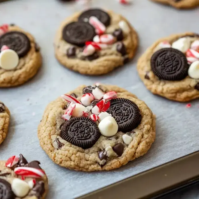 Freshly baked cookies packed with Oreo bits, white chocolate, and crushed peppermint candies on a tray.