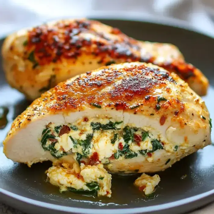 Golden stuffed chicken, split open to reveal spinach and cheese filling.