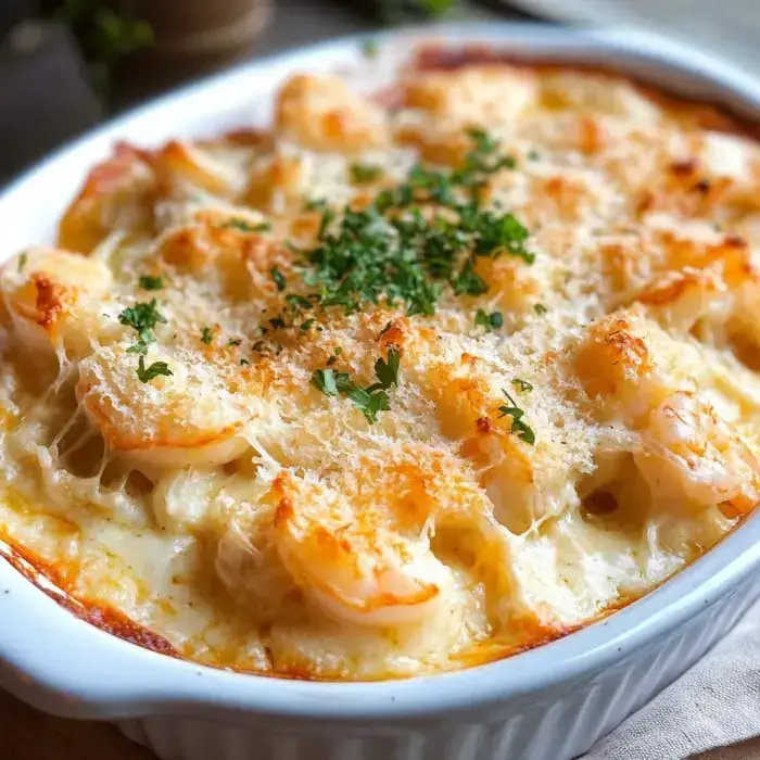 Cheesy shrimp casserole topped with crunchy breadcrumbs and herbs.