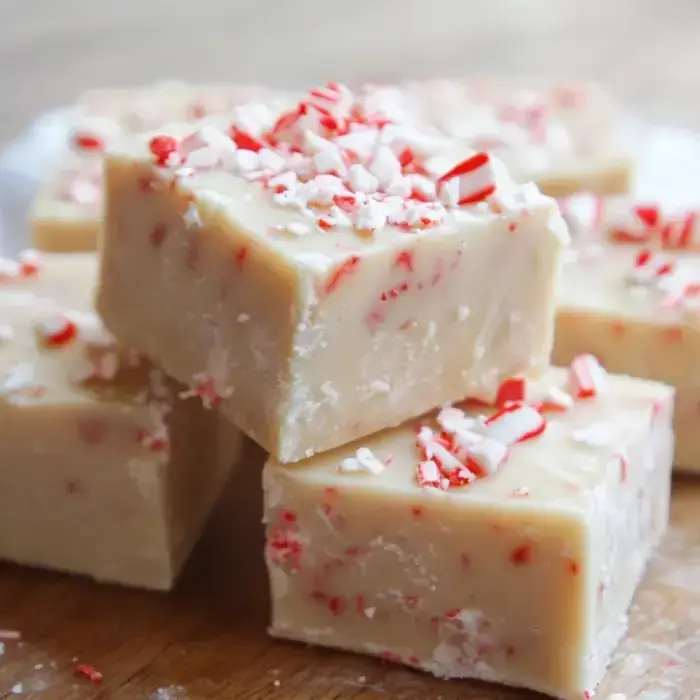 A creamy white peppermint fudge stack topped with crushed red and white candy canes.