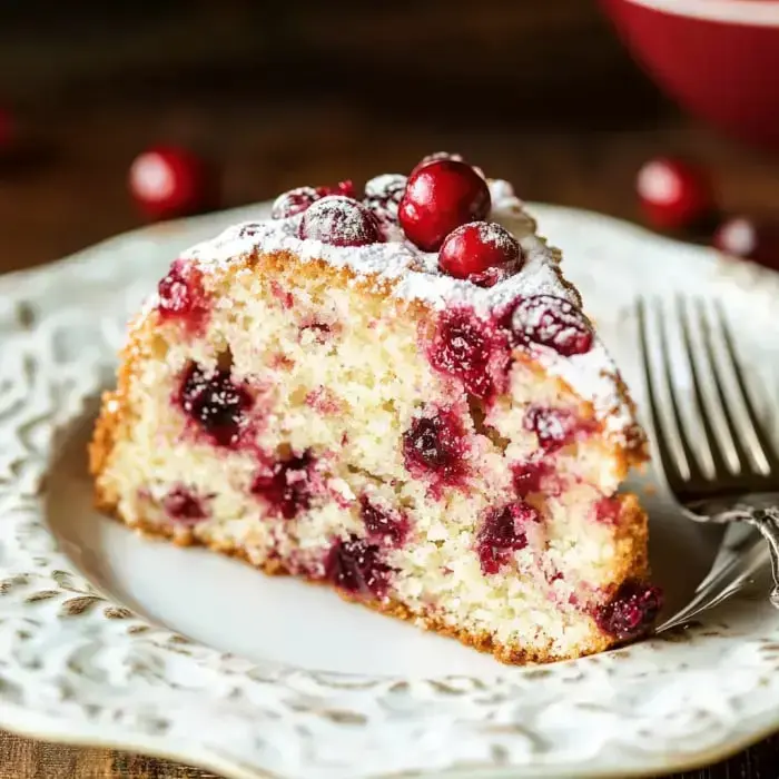 A single piece of cranberry dessert with powdered sugar on a decorative plate and a fork nearby.