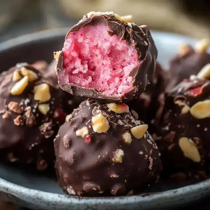 Close-up shot of truffle candies with a pink filling and chocolate-nut topping. One candy is bitten to show the inside.