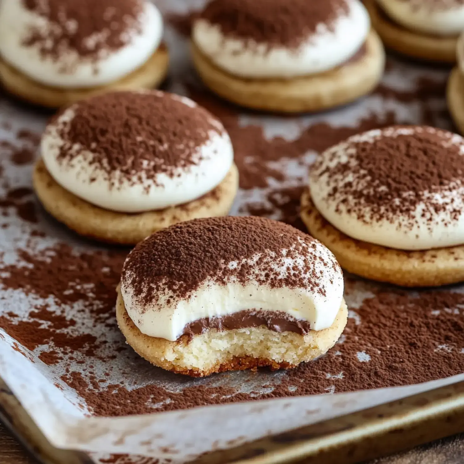 A close-up of cookies with cream topping and cocoa powder, showing one cookie with a bite taken out revealing chocolate inside.