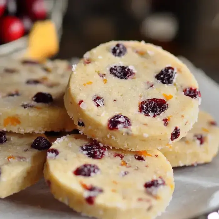 Close-up of round cookies with cranberries and orange bits, dusted in sugar, displayed on a white surface.