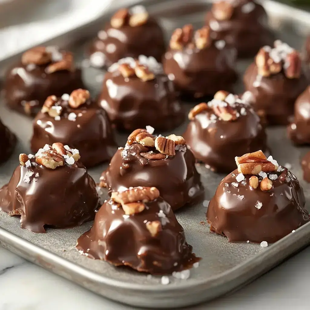 Chocolate-covered goodies on a tray, topped with pecans and a sprinkling of sea salt.