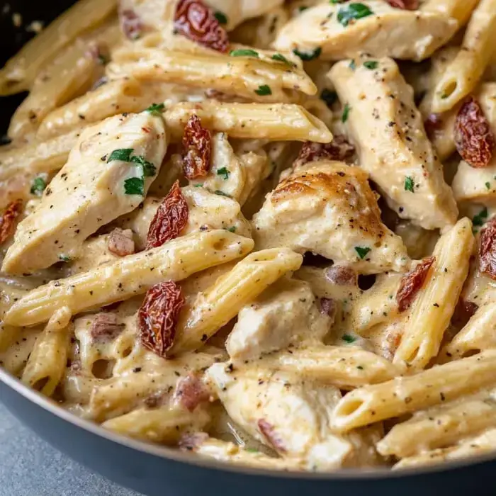 Close-up view of creamy pasta with chicken pieces and sun-dried tomatoes, garnished with fresh parsley.