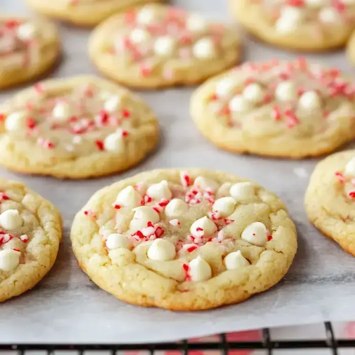 A closeup shot of warm cookies dotted with melty white chocolate and sprinkled with crushed candy cane bits on baking paper.