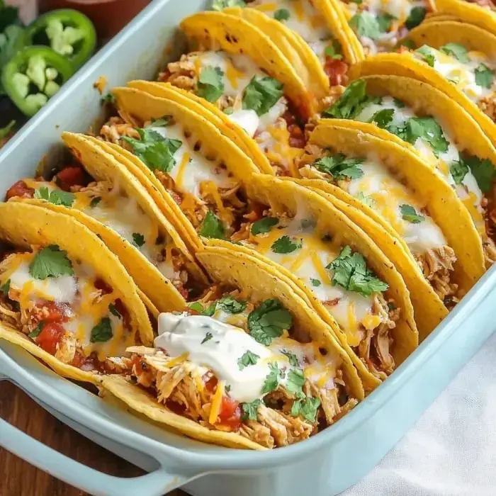 A casserole dish holding tacos stuffed with shredded chicken, melted cheese, diced tomatoes, and a sprinkle of fresh herbs.