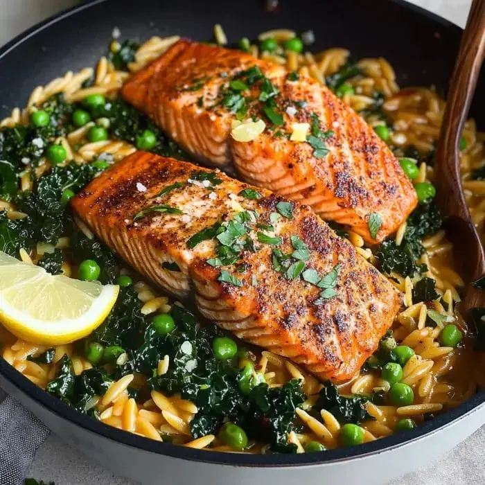 A pan filled with creamy orzo, sautéed kale, peas, and golden salmon topped with fresh lemon and herbs.