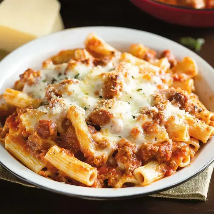 A serving of cheesy rigatoni pasta with rich meat sauce and extra grated cheese on top.