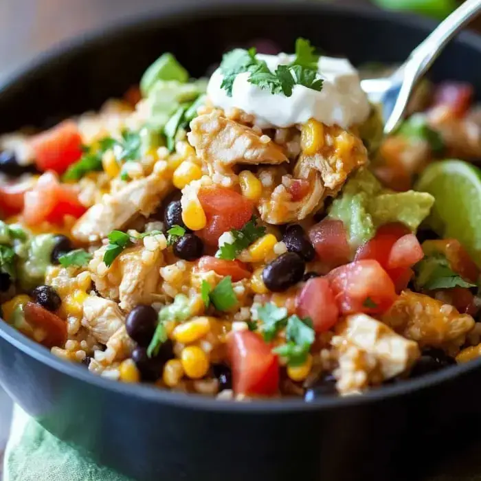 Close-up of a hearty bowl with chicken, beans, corn, avocados, melted cheese, sour cream, and cilantro.