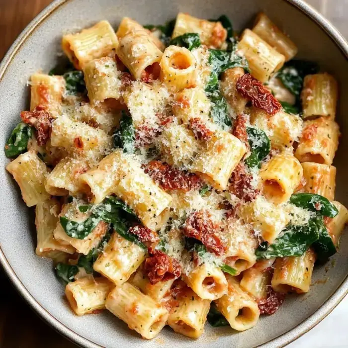 A bowl of pasta with sun-dried tomatoes, fresh spinach, and grated cheese on top.
