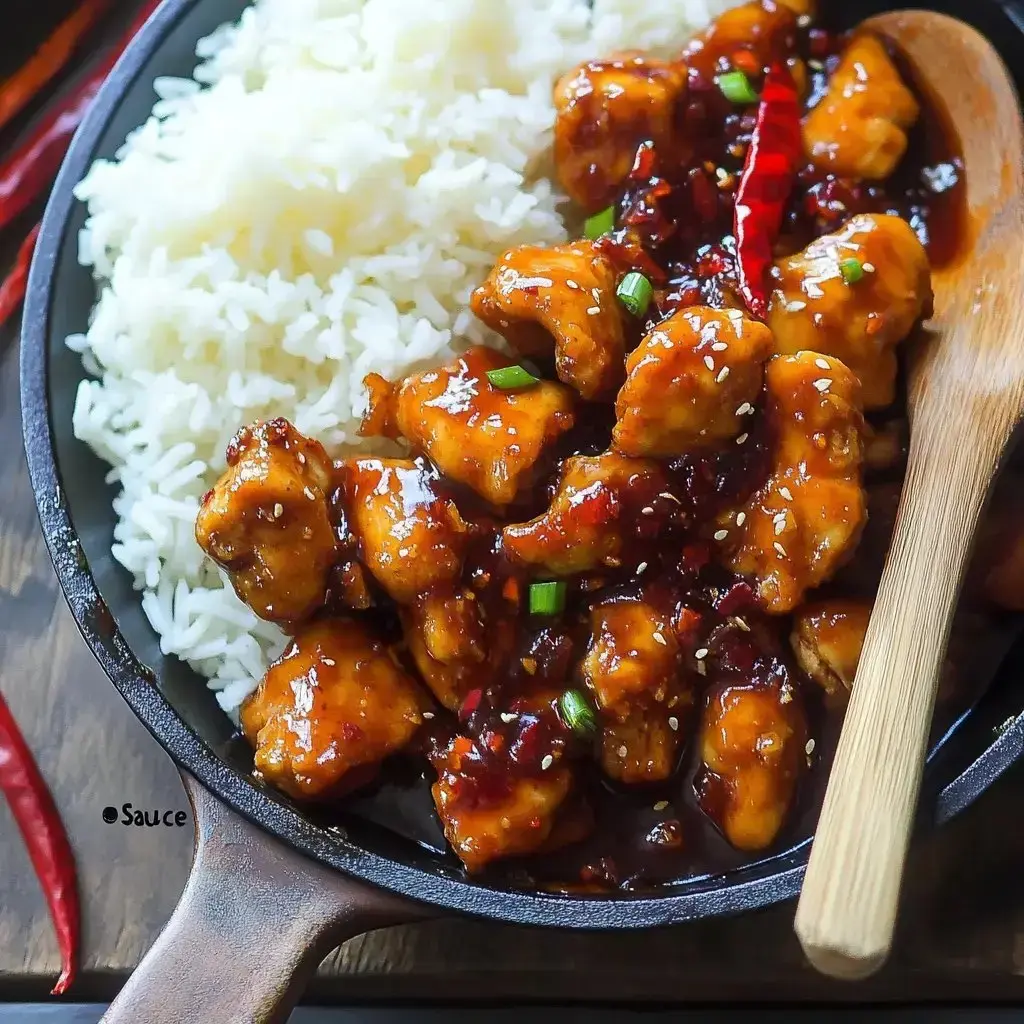 Tender chicken chunks in glossy brown glaze served with white rice, garnished with chilies and green onions.
