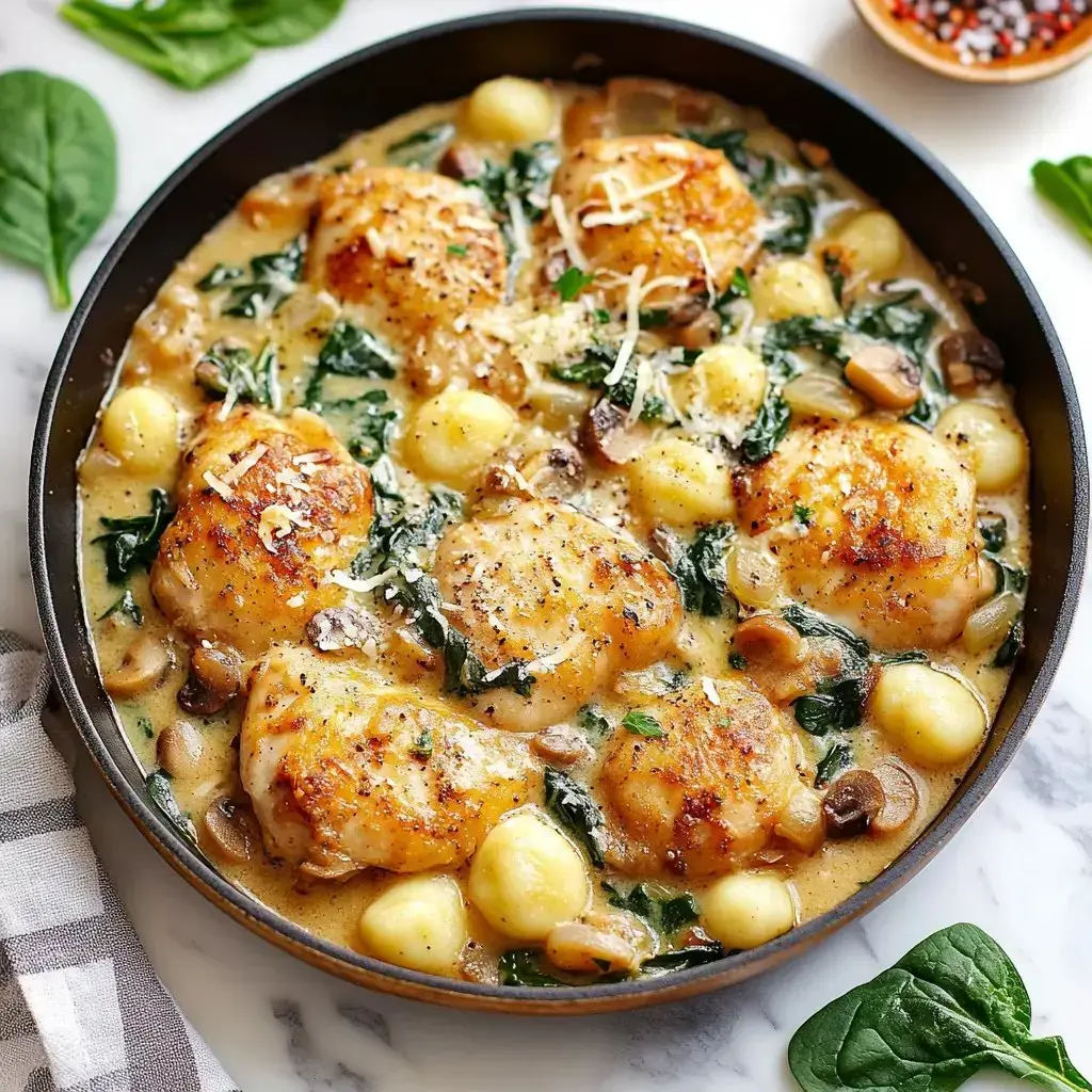 A pan of creamy chicken thighs with gnocchi, spinach, and mushrooms topped with cheese.