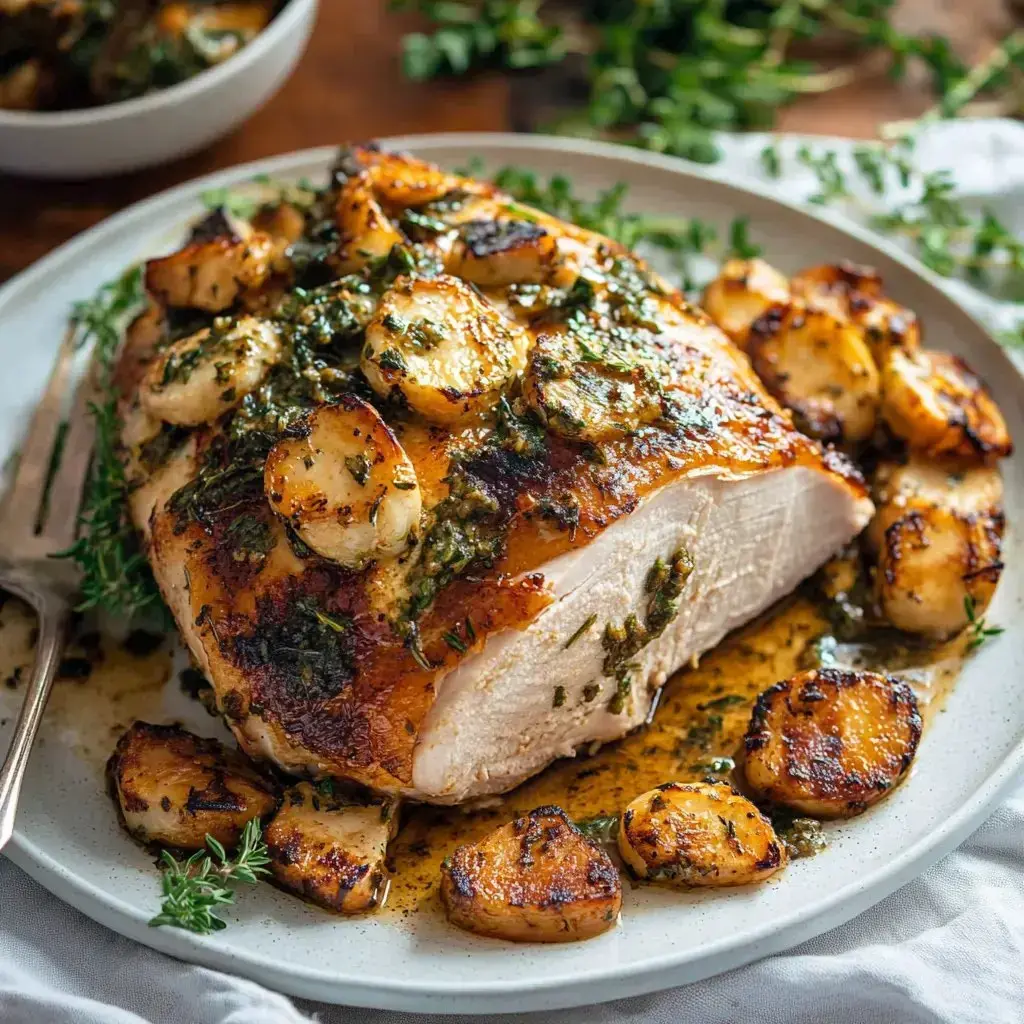 Crisp turkey breast with fresh herbs on top, surrounded by golden potatoes, all served on a white dish.
