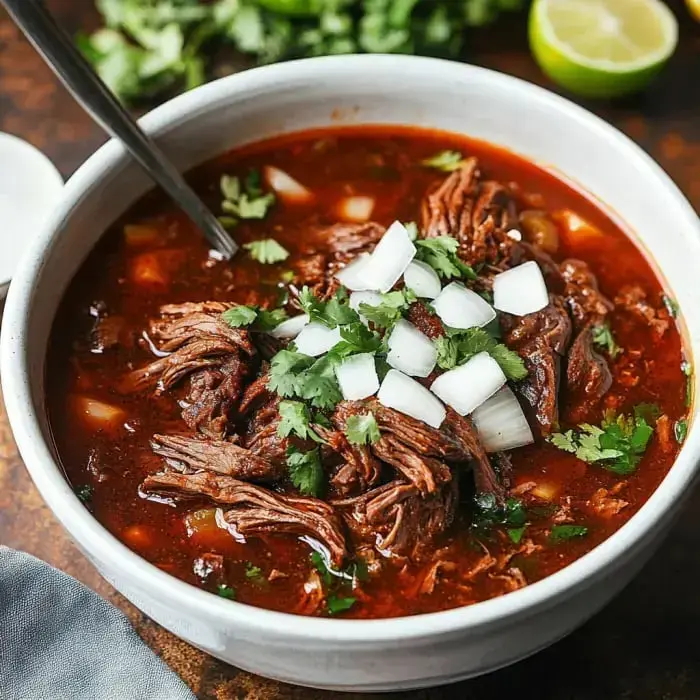 Shredded beef in a rich, red broth, topped with diced onions and fresh cilantro.