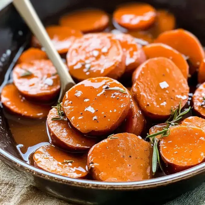 A bowl of sweet potatoes glazed with a shiny buttery sauce, garnished with fresh herbs close up.