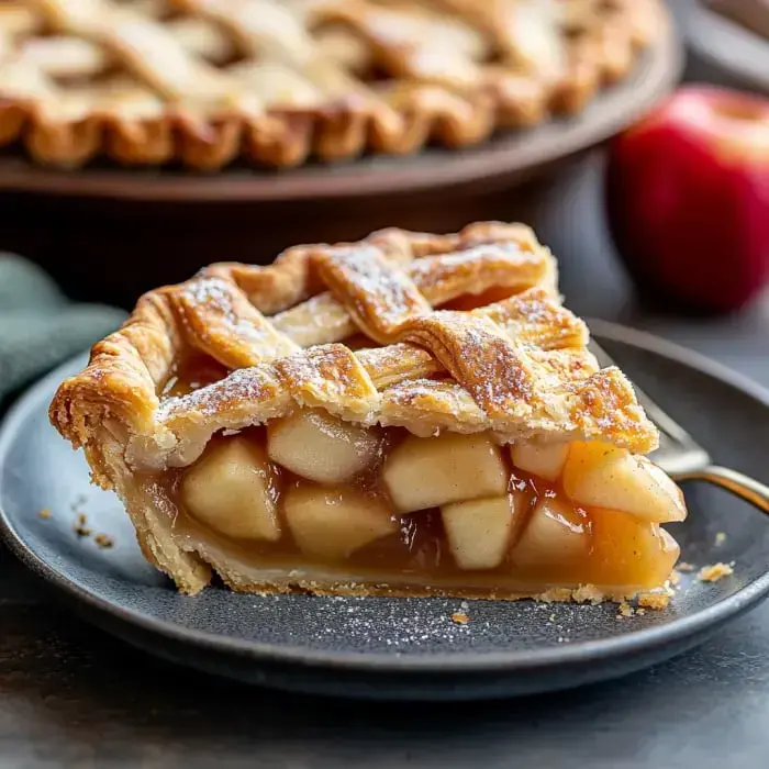 Golden, lattice-topped apple pie slice on a dark plate, showing tender baked apples inside with caramel drips, plus a whole apple nearby.